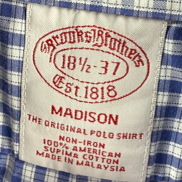 Brooks Brothers Non-Iron Cotton Check Button-Down 18.5 37 Madison Blue Shirt - Picture 10 of 13